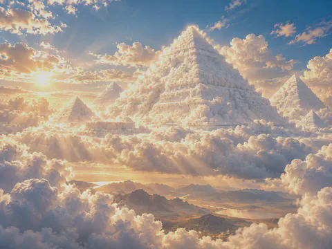 云海之上由云朵堆成的金字塔群，阳光穿过云层照向下方的山川湖泊