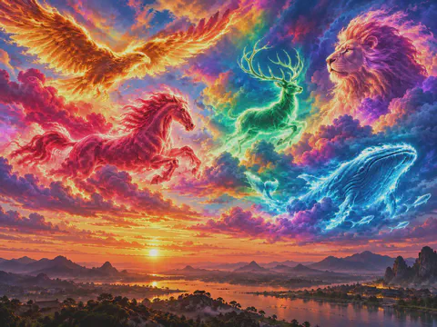晚霞天空中由彩云化成的神兽：火焰雄鹰、赤红奔马、翠绿神鹿、紫色雄狮与蓝色鲸鱼，下方是落日与湖畔群山