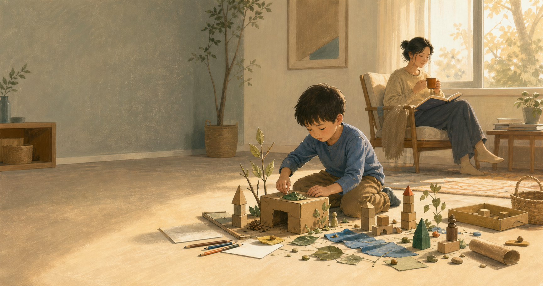 孩子用纸张、木块和自然材料自由创作,家长在不远处安静陪伴