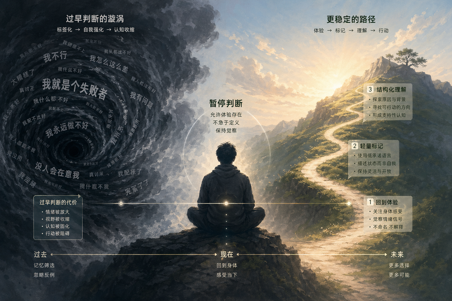 情绪低落时暂停自我判断的抽象插图