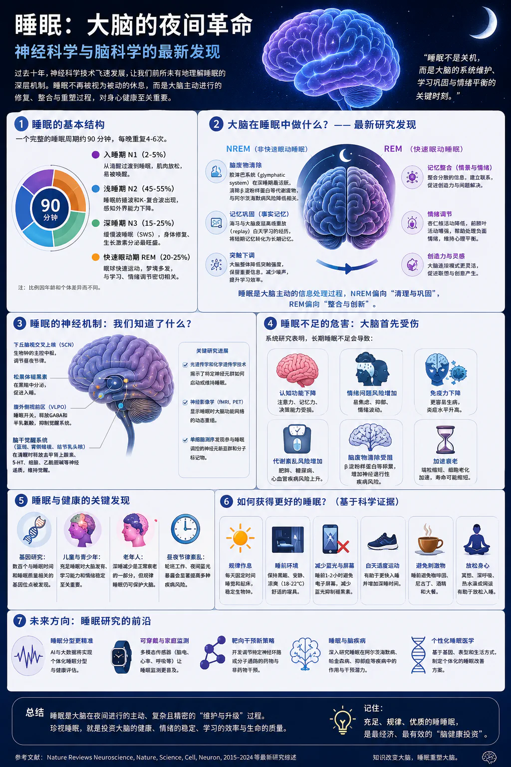 睡眠与大脑科学信息图,展示睡眠周期、脑内机制、睡眠不足的危害及改善建议