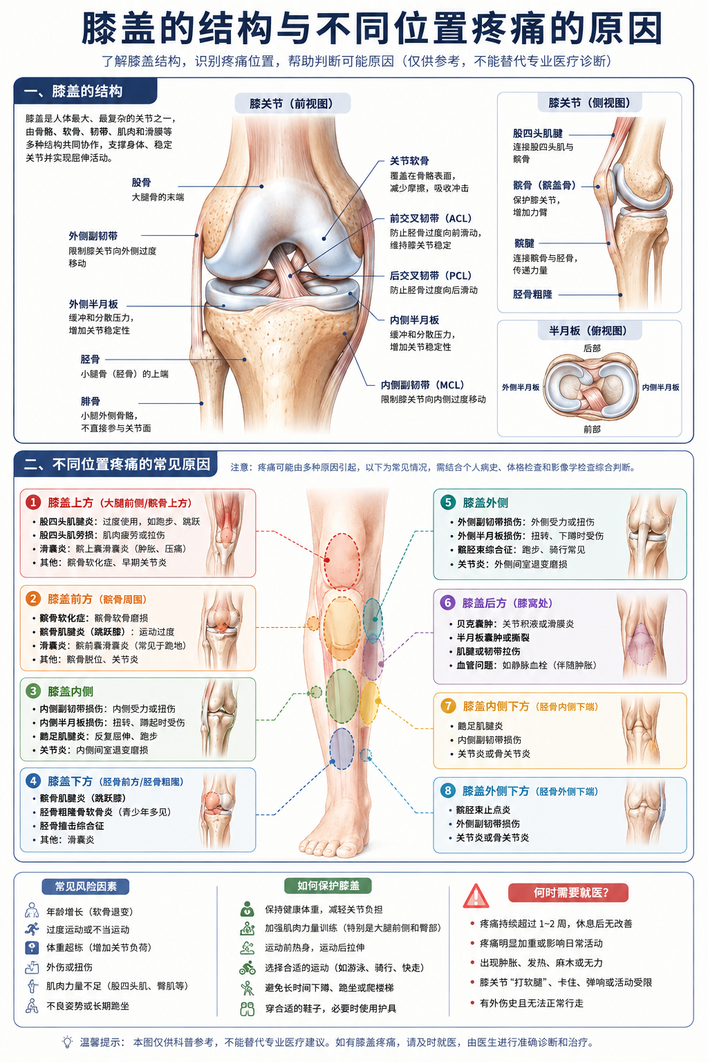 膝盖结构与疼痛位置图解,展示膝关节前面观、侧面观、半月板俯视图,以及八个疼痛区域的常见原因