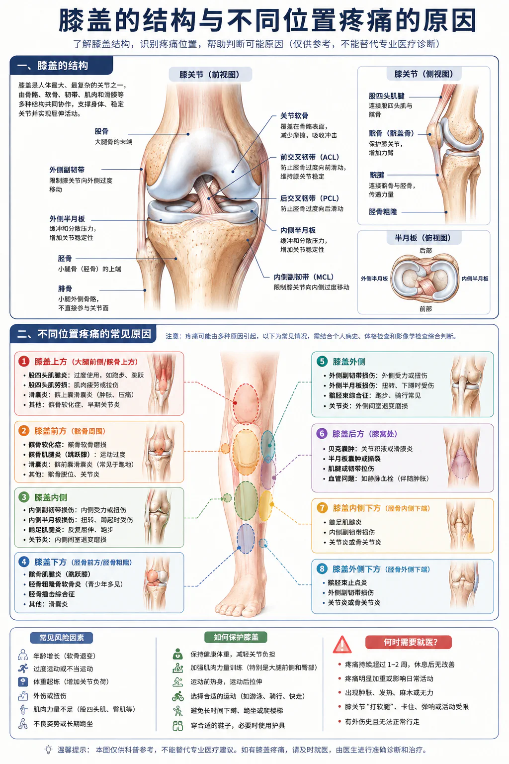 膝盖结构与疼痛位置图解,展示膝关节前面观、侧面观、半月板俯视图,以及八个疼痛区域的常见原因