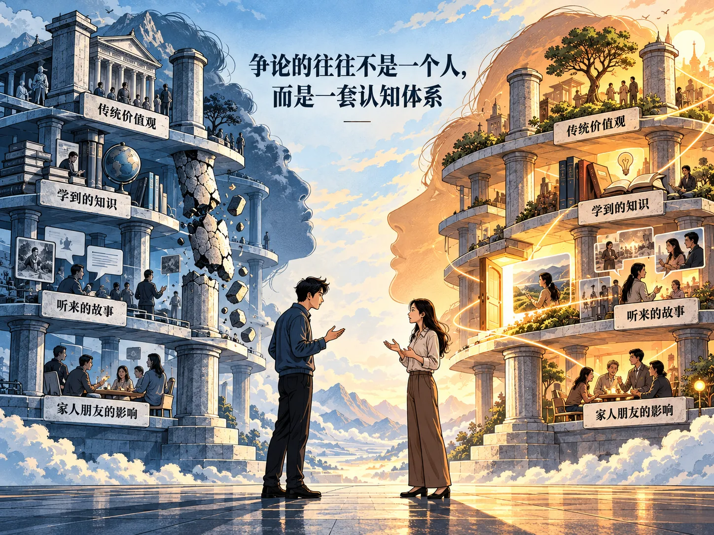 两人在广场上交谈，各自身后矗立着一座由传统价值观、学到的知识、听来的故事、家人朋友的影响层层支撑的建筑；左侧一根柱子正在崩塌，建筑依然屹立