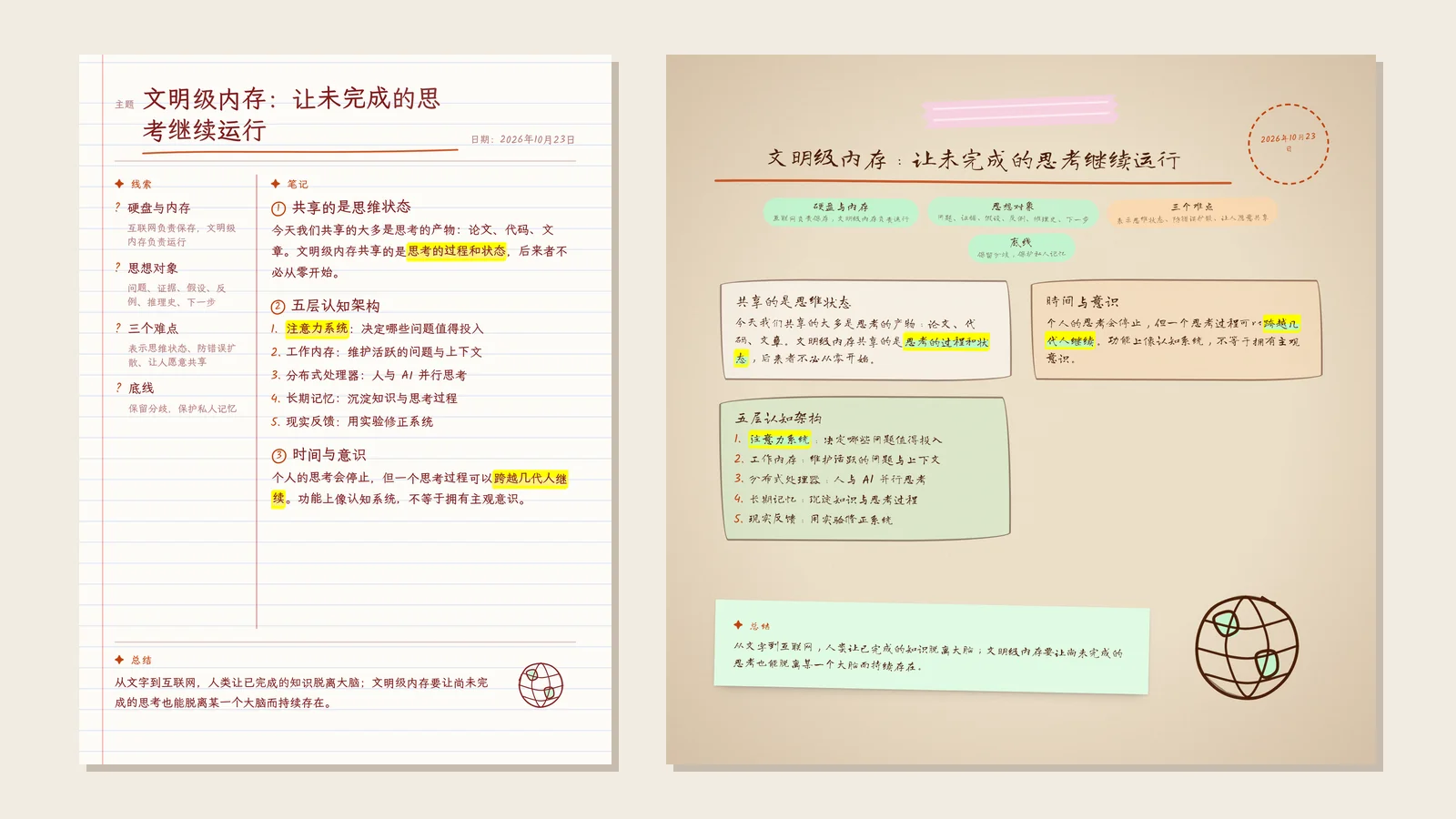 同一份内容的两页墨语笔记:横线本上的经典康奈尔版式,与羊皮纸上的自由手账版式
